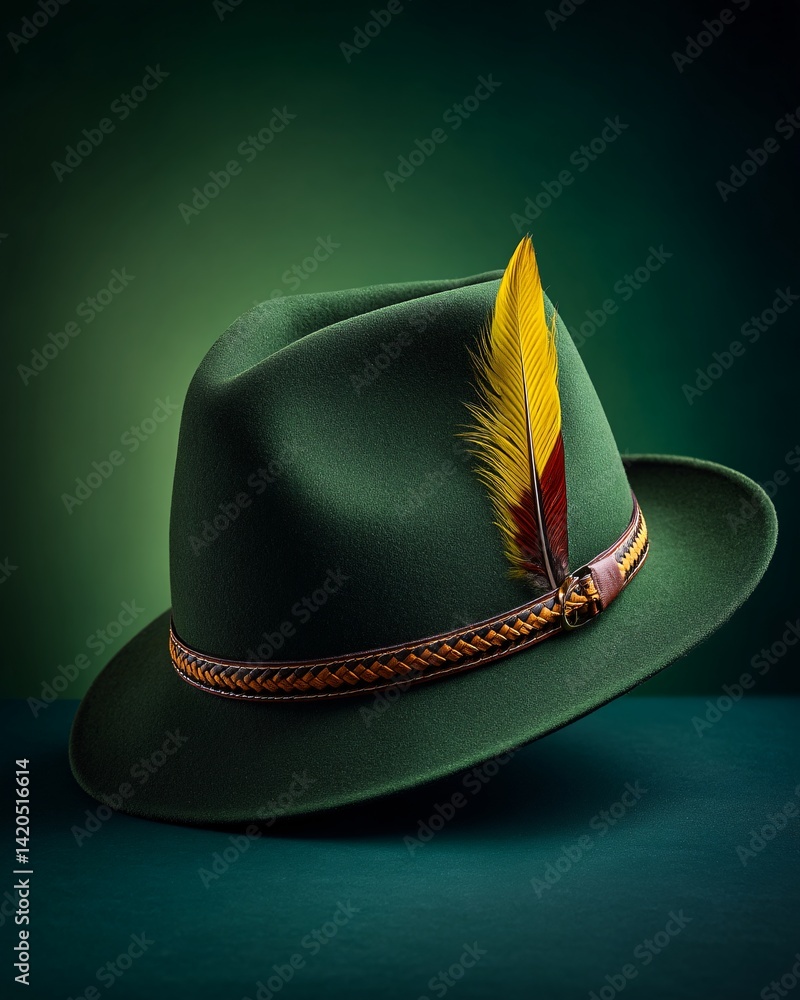 Traditional green Tyrolean hat with feather on green background