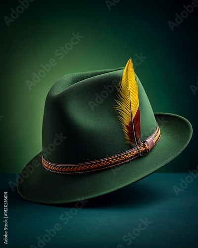 Obraz na płótnie Traditional green Tyrolean hat with feather on green background w salonie