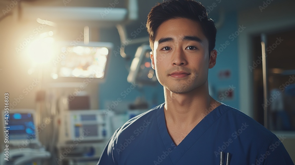 Fototapeta premium Portrait of a Confident Young Asian Male Doctor Wearing a Blue Scrubs Uniform in a Modern Hospital Operating Room Setting Professional Healthcare Medical Worker Serious Expression man team nurse staff