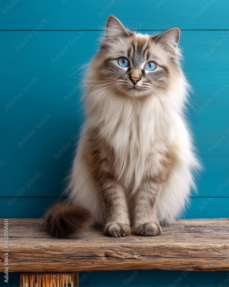 Fluffy Cat Sitting on a Wooden Shelf Against a Blue Background