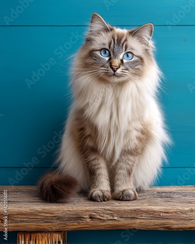 Obraz na płótnie Fluffy Cat Sitting on a Wooden Shelf Against a Blue Background w salonie