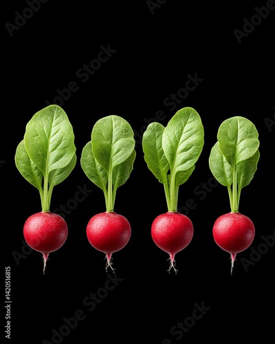 Obraz na płótnie Fresh Radishes with Green Leaves on Black Background w salonie