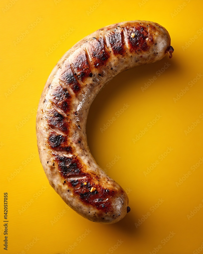 Grilled German sausage on yellow background