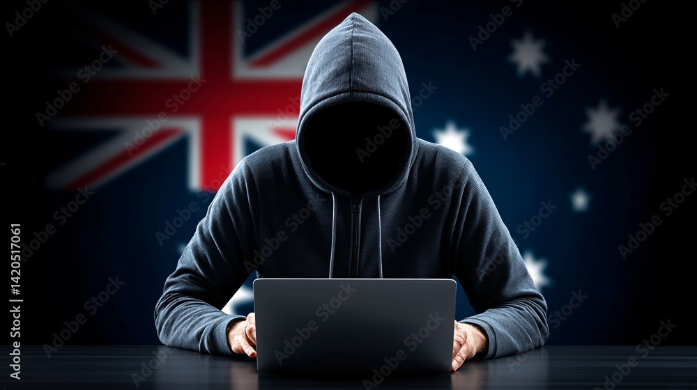Mysterious Hacker in Front of Computer with Australian Flag