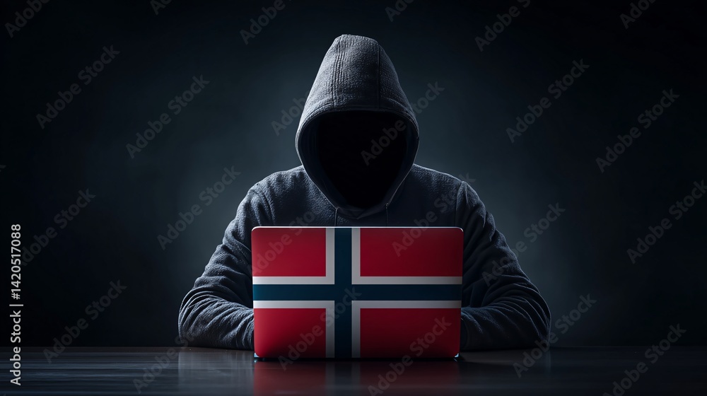 Anonymous Hacker at Laptop with Norwegian Flag