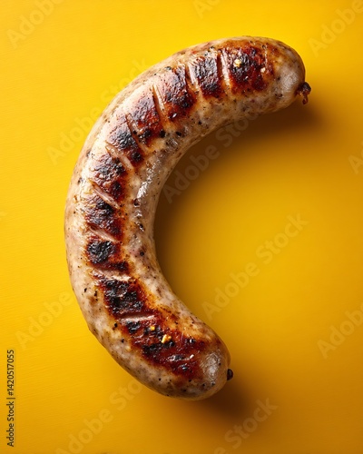 Obraz na płótnie Grilled German sausage on yellow background w salonie