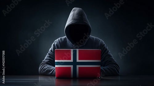 Obraz na płótnie Anonymous Hacker at Laptop with Norwegian Flag w salonie