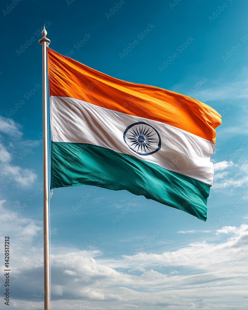 Indian National Flag Waving Against a Blue Sky