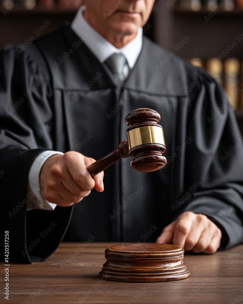 Judge in courtroom with gavel ready to make a ruling