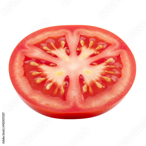 Wallpaper Mural Fresh juicy tomato slice isolated on transparent background. Vibrant red color, visible seeds and pulp, perfect for food design or cooking concept visuals.

 Torontodigital.ca