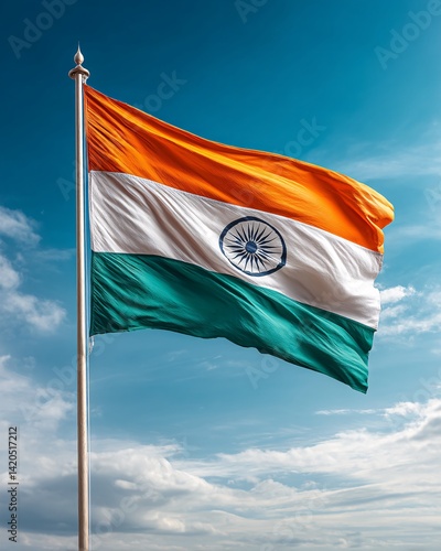 Obraz na płótnie Indian National Flag Waving Against a Blue Sky w salonie