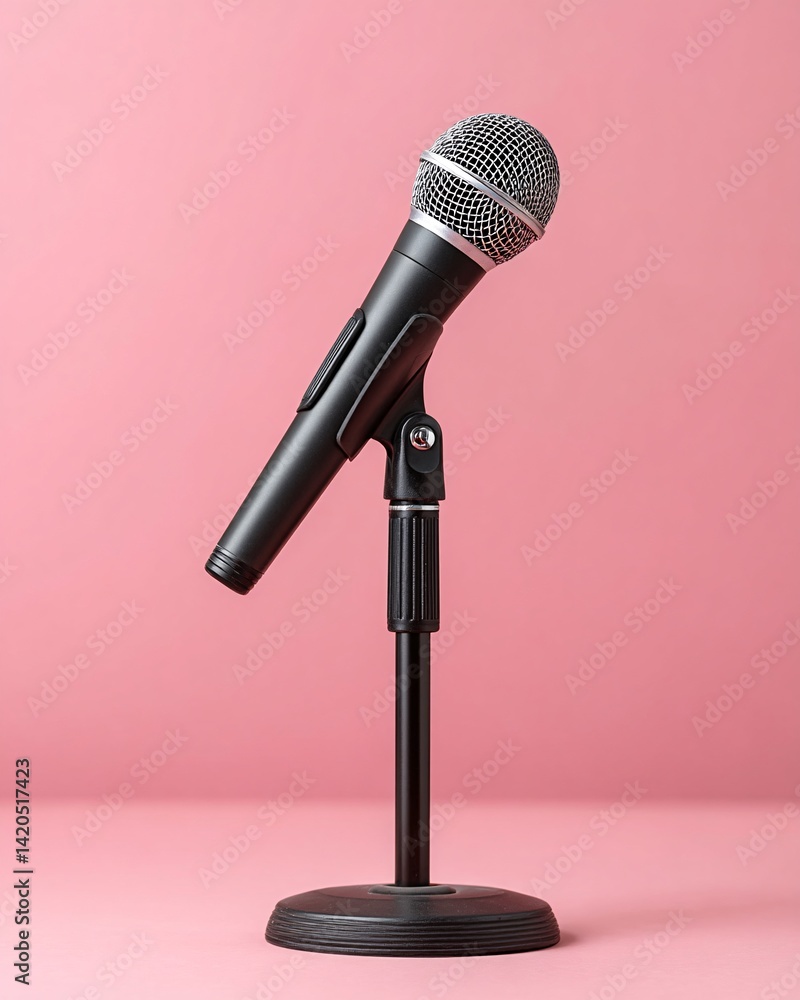 Microphone on Stand Against Pink Background