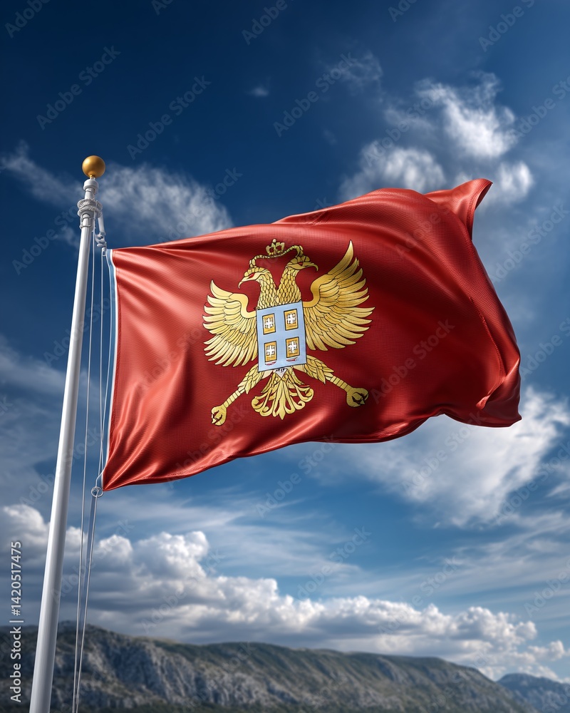 Montenegrin Flag Waving Against a Blue Sky