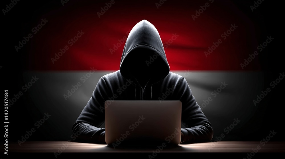 Mysterious hooded figure working on a laptop in a dark setting