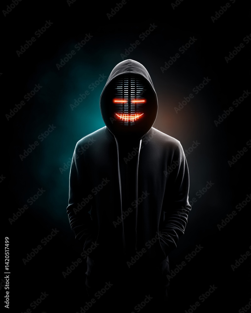 Mysterious Figure with LED Mask in Dark Setting