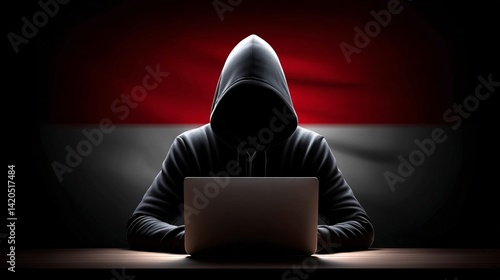 Obraz na płótnie Mysterious hooded figure working on a laptop in a dark setting w salonie