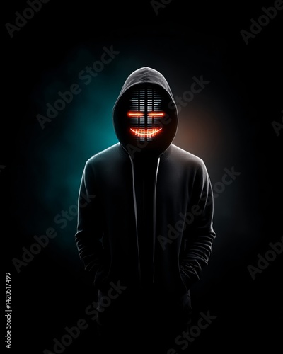 Mysterious Figure with LED Mask in Dark Setting