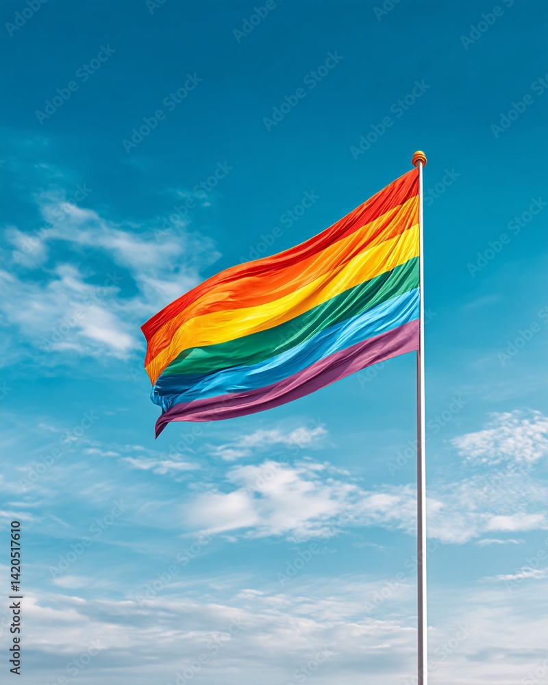 Vibrant Rainbow Flag Against a Clear Blue Sky