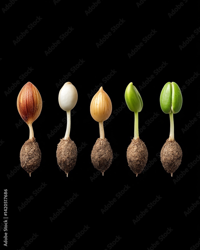 Stages of Seed Germination on Black Background