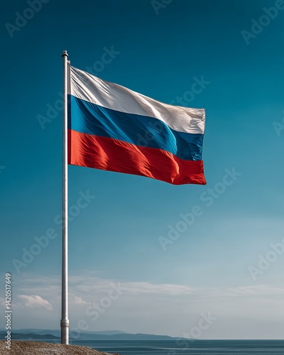 Russian Flag Flying Against Blue Sky
