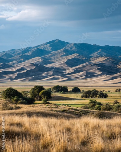 Scenic View of Dunes and Mountains under Cloudy Sky