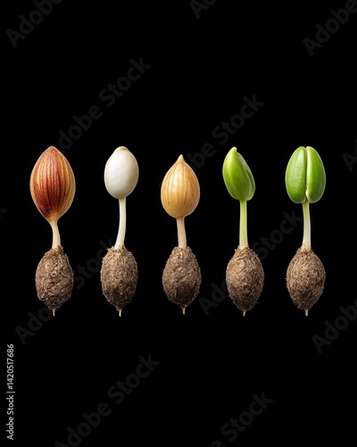 Obraz na płótnie Stages of Seed Germination on Black Background w salonie