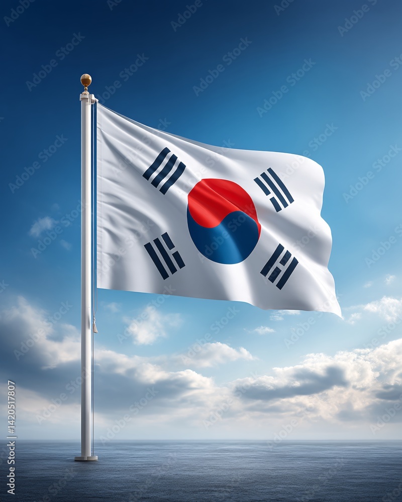 Flag of South Korea waving against a clear blue sky