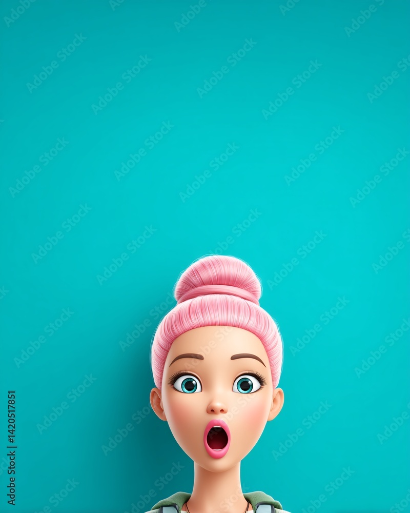 Surprised cartoon character with pink hair against a turquoise background