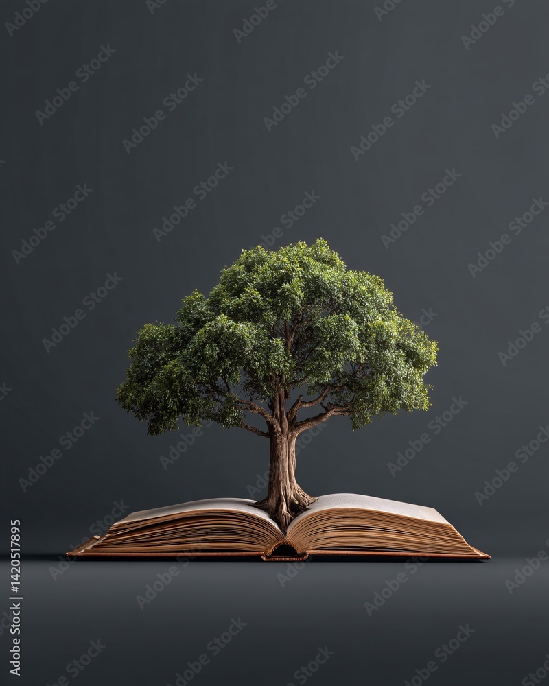 Tree Growing from an Open Book Symbolizing Knowledge and Nature