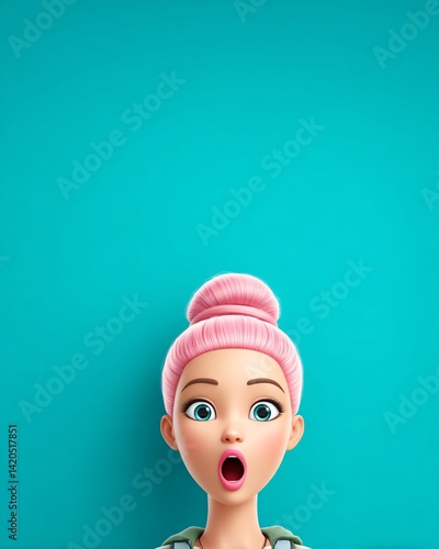 Obraz na płótnie Surprised cartoon character with pink hair against a turquoise background w salonie
