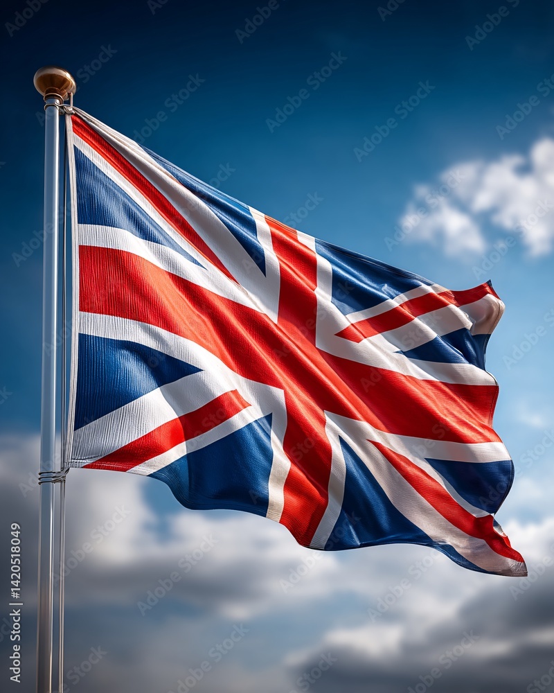 Waving Union Jack Flag Against a Cloudy Sky