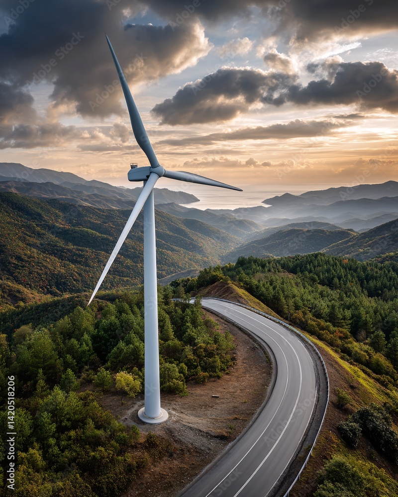 Aerial view of a wind turbine on a hillside during sunset