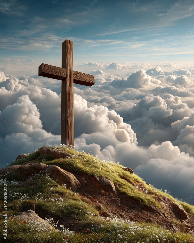 Wooden cross on a grassy hill above the clouds