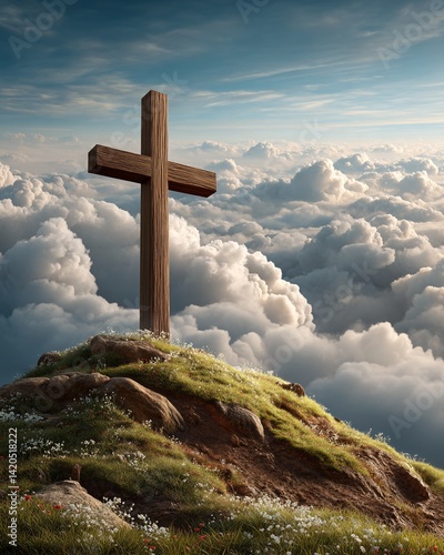 Wooden cross on a grassy hill above the clouds