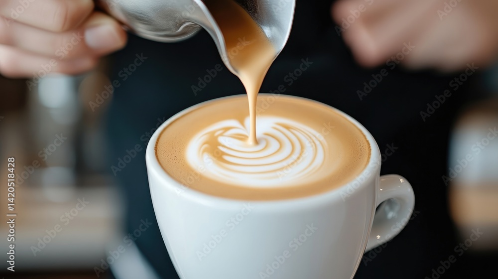 Latte art being poured into a cup. A barista carefully pours steamed milk over espresso, creating a beautiful swirl design on top Latte art being poured into a cup. A barista carefully pours steamed milk over espresso, creating a beautiful swirl design on top