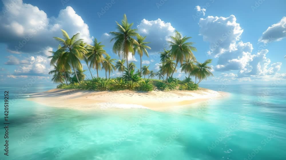 Tropical Island Beach with Palm Trees and Turquoise Ocean under Blue Sky Tropical Island Beach with Palm Trees and Turquoise Ocean under Blue Sky