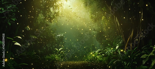 Fototapeta Naklejka Na Ścianę i Meble -  Dense jungle trees shimmer as fireflies illuminate the night with an eerie, magical glow