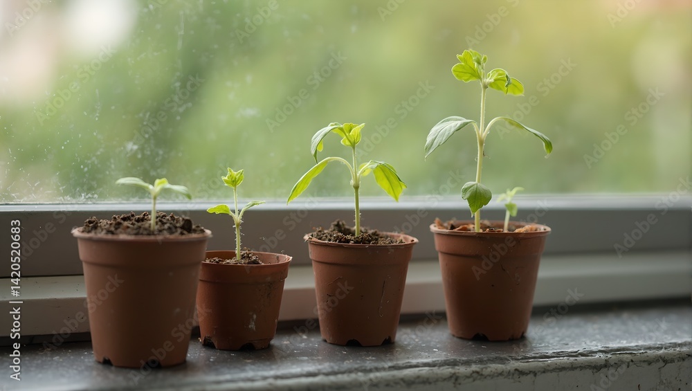 Various potted seedlings on wooden shelves showing different stages of growth symbolizing progress and development Various potted seedlings on wooden shelves showing different stages of growth symbolizing progress and development