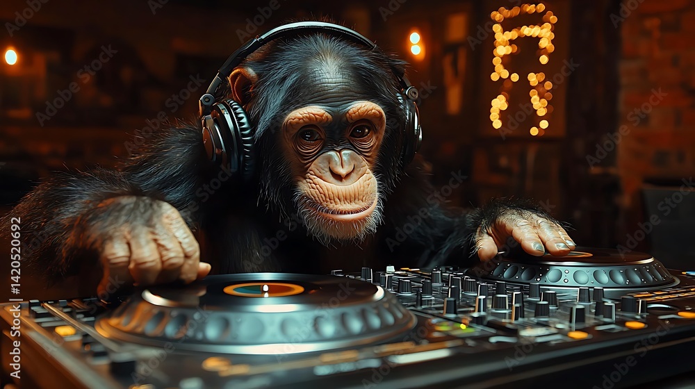 Chimpanzee Dj With Headphones Mixing Music On Turntable In Nightclub Photo Chimpanzee Dj With Headphones Mixing Music On Turntable In Nightclub Photo