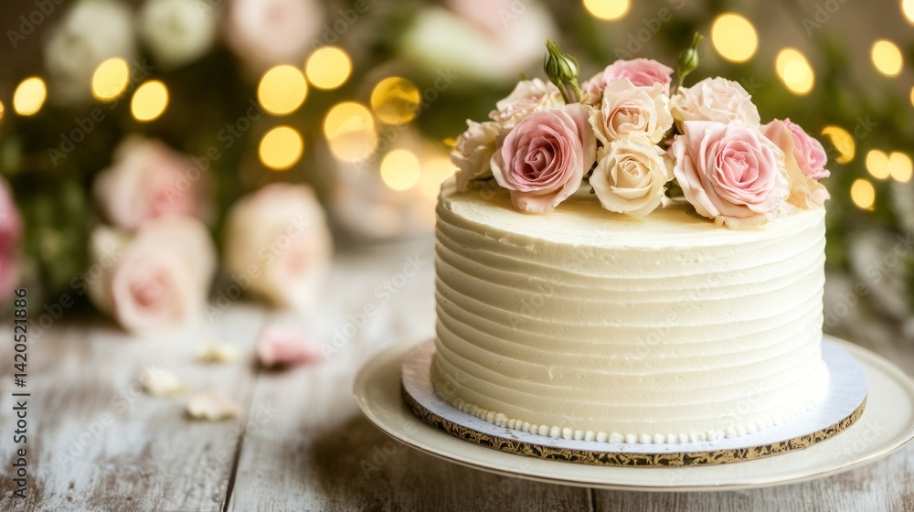 Fototapeta premium A beautifully decorated cake adorned with fresh roses is presented elegantly