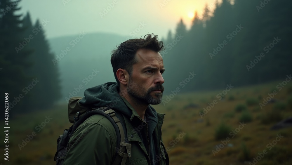 Man Hiking in Misty Forest at Sunrise Man Hiking in Misty Forest at Sunrise