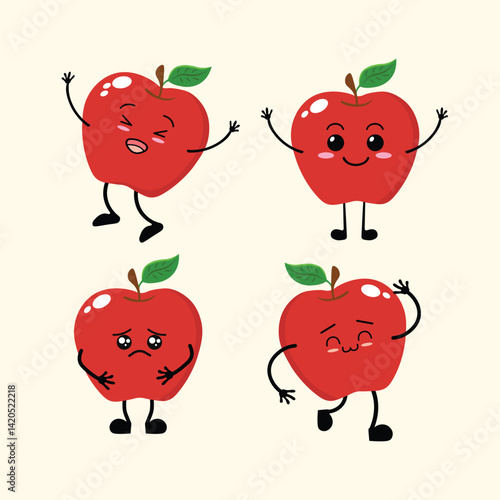 Fruit Cartoon Cute Apples with Different Emotions