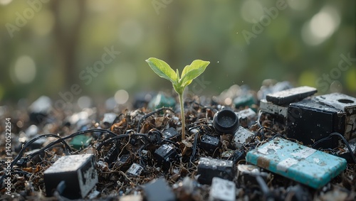 Symbolic image of a plant seedling sprouting amidst electronic waste representing sustainable growth and natures resilience