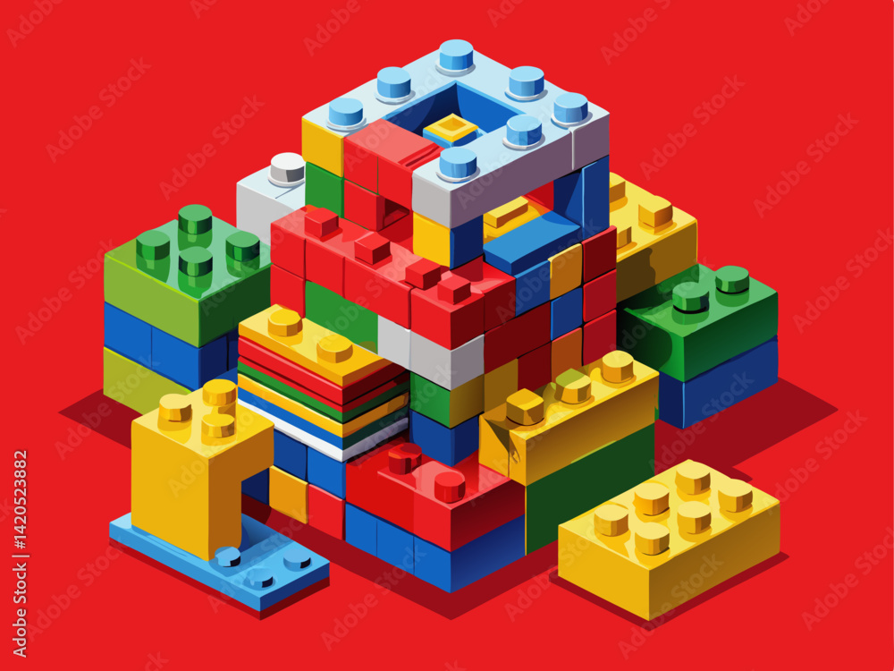 Fototapeta premium A professional vector of plastic construction blocks in primary colors, placed on a solid red background