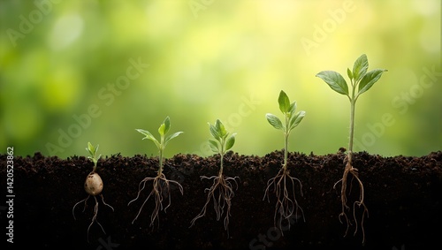 Obraz na płótnie Vibrant time lapse sequence of a seed sprouting underground growing roots and shoots towards light symbolizing growth and success w salonie