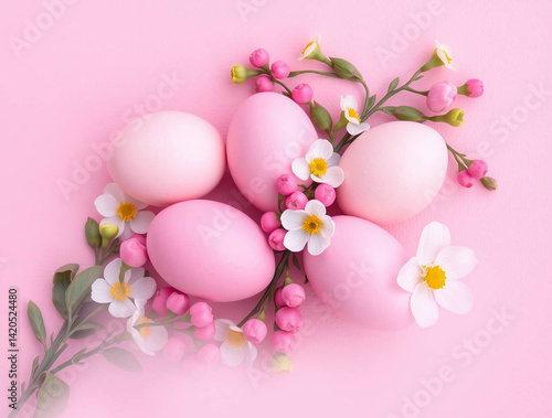 Easter eggs and flowers are arranged on a textured pink background.