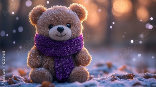 Cute Teddy Bear With Purple Scarf In Winter Photo Background Illustration