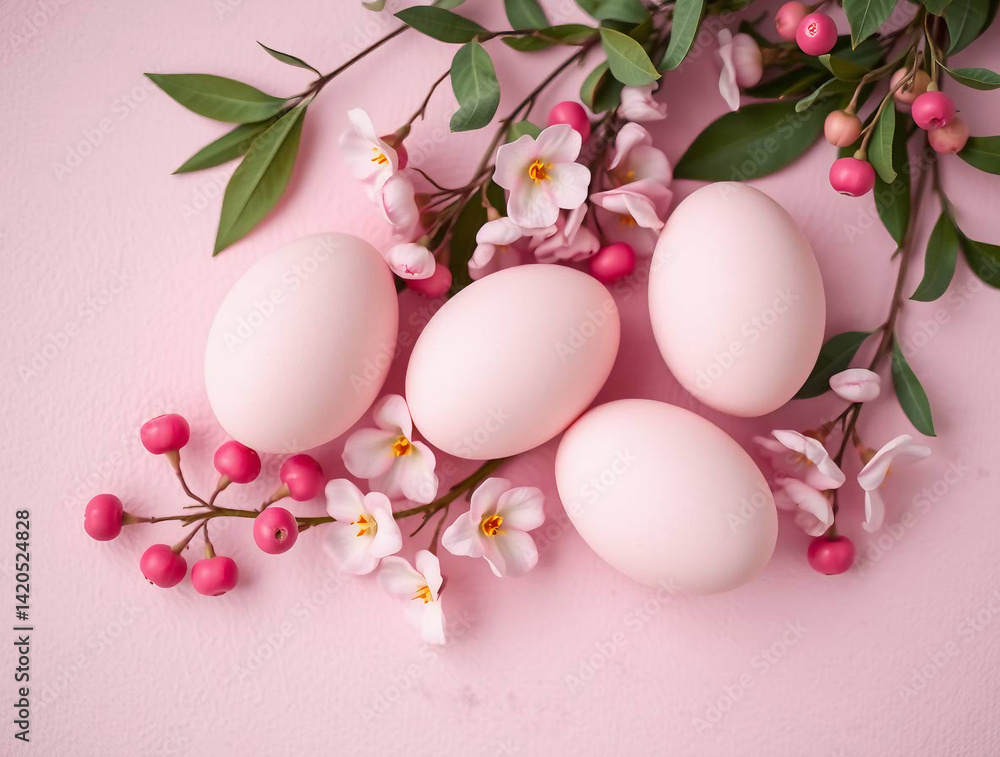 Easter eggs and flowers are arranged on a textured pink background. Easter eggs and flowers are arranged on a textured pink background.