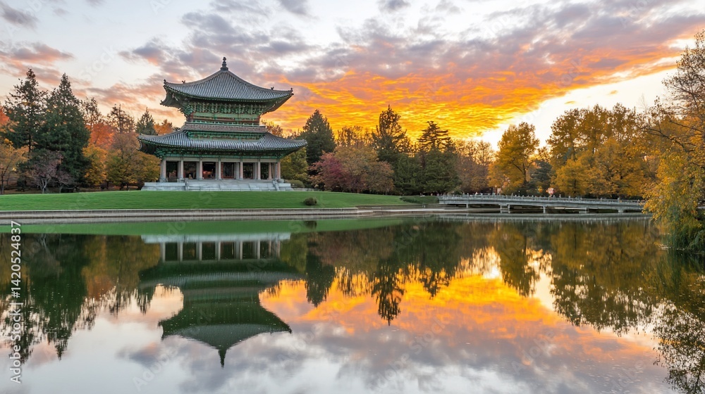 Autumn Sunset Temple Reflection, Park Pond, Scenic Autumn Sunset Temple Reflection, Park Pond, Scenic