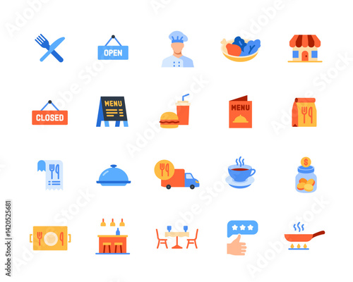Restaurant related icons set. Colorful signs with cooked dish, chef, menu, food delivery, fast food and cutlery. Design elements for app. Flat vector illustration collection isolated on background